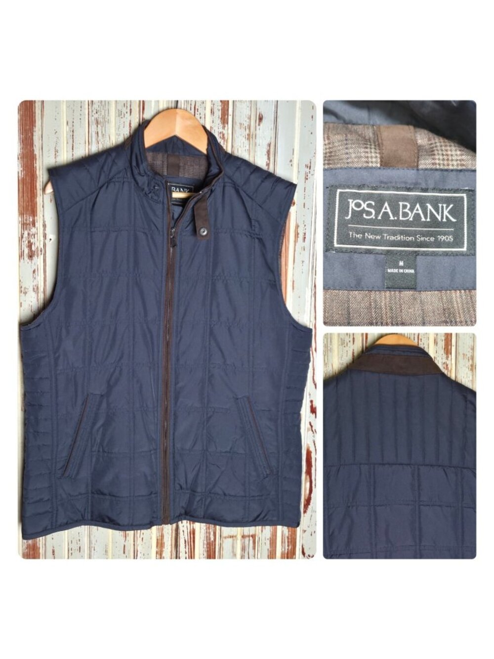Jos A Bank Vest Mens M Blue Quilted Pockets Stand Collar